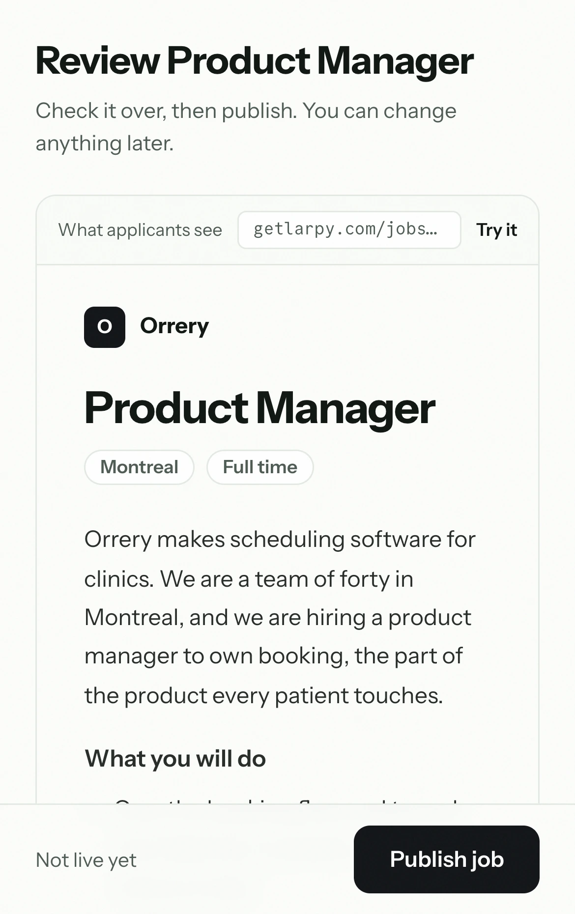 Reviewing a Product Manager job in Larpy before publishing: the job page applicants will see, the screening questions and the first interview.